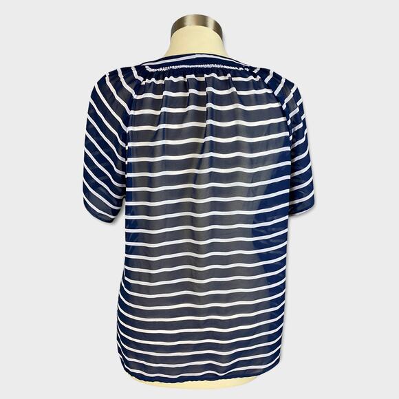 a.n.a A New Approach Blouse V Neck Short Sleeve Blue Stripe Small Sheer - Picture 2 of 7